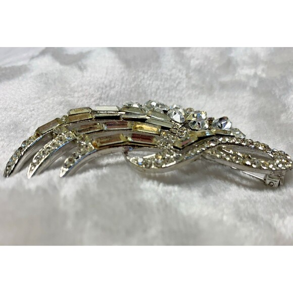 Vintage 50s Rhinestone Brooch Clear Crystal Marquis Baguette Spray Pin Statement - Picture 7 of 11